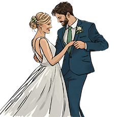 una pareja de novios cogidos de la mano y la cintura